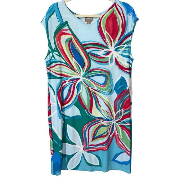 Chico's Dresses & Skirts - Chico’s IONA V-Neck Slinky Knit Dress Size 2/L SEAWAY BLUE Floral Cap Sleeve NEW